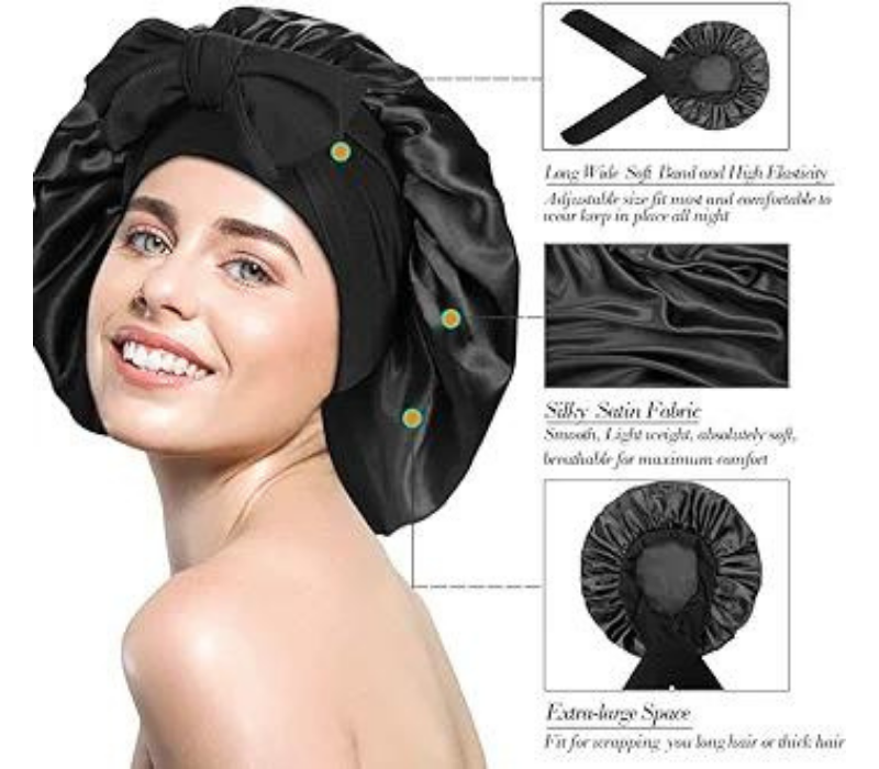 3 Pieces Adjustable Silky Sleep Bonnet with Tie Band Straps - Extra Large 